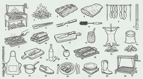 A detailed illustration showcasing various tools, ingredients, and methods associated with traditional barbecue and grilling, including meats, cooking implements, and serving dishes.