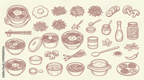 A detailed illustration of various Korean dishes and ingredients, including rice bowls, soups, side dishes, and condiments, presented in a vintage sketch style.