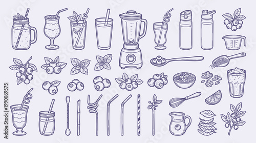 A comprehensive collection of hand-drawn illustrations depicting various bird accessories, cages, perches, and decorative items, presented in a monochromatic teal color scheme.