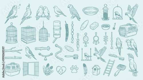 A comprehensive collection of hand-drawn illustrations depicting various bird accessories, cages, perches, and decorative items, presented in a light blue hue.