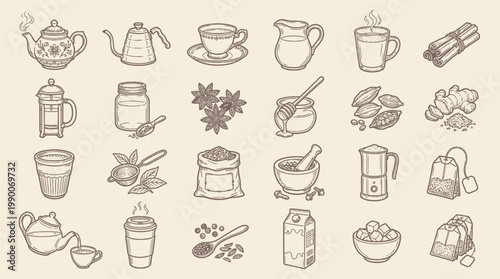 A charming collection of hand-drawn illustrations depicting various tea and coffee-related items, including teapots, cups, spices, and brewing equipment.