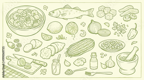 A detailed illustration of various ingredients and cooking tools for preparing a seafood dish, including shrimp, fish, corn, vegetables, and spices.