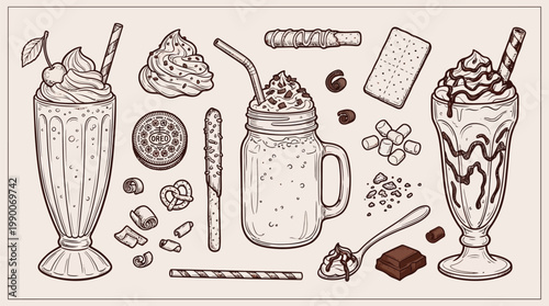 A delightful hand-drawn illustration of various sweet treats and beverages, including milkshakes, cookies, and chocolate.