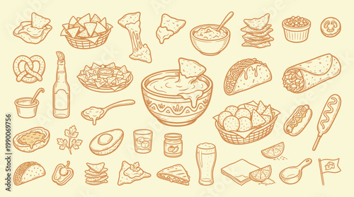 A delightful collection of hand-drawn illustrations featuring a variety of popular snack foods and beverages, perfect for culinary themes.