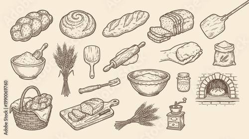 A detailed collection of hand-drawn illustrations depicting various baking ingredients, tools, and finished bread products, presented in a vintage sketch style.