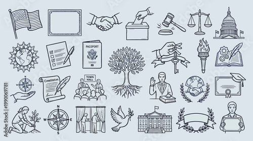 Collection of hand-drawn icons representing concepts of democracy, law, freedom, and civic engagement.