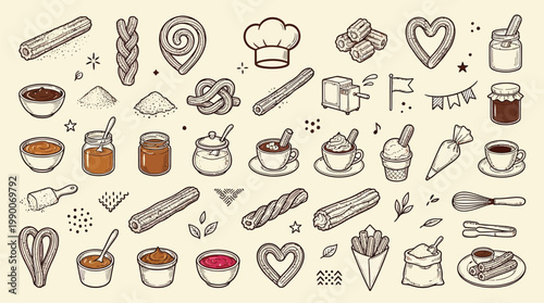 A charming collection of hand-drawn illustrations depicting various baked goods, pastries, and sweet treats, perfect for culinary themes.