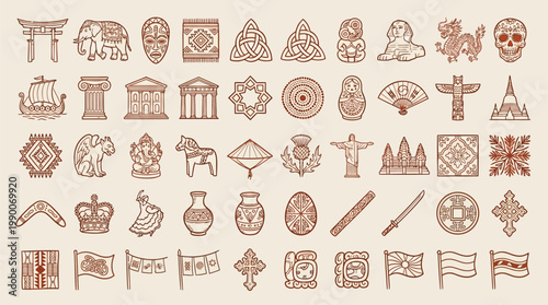A comprehensive collection of cultural icons and symbols from around the world, presented in a vintage, hand-drawn style.
