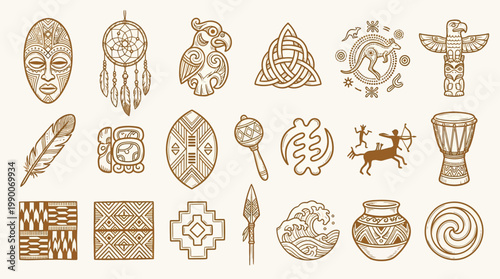 Collection of diverse cultural symbols and artifacts, including masks, dreamcatchers, totems, pottery, and geometric patterns, representing various indigenous traditions and artistic expressions.