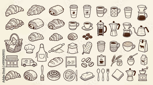 A charming collection of hand-drawn illustrations depicting various bakery and coffee shop items, perfect for culinary or cafe-themed designs.