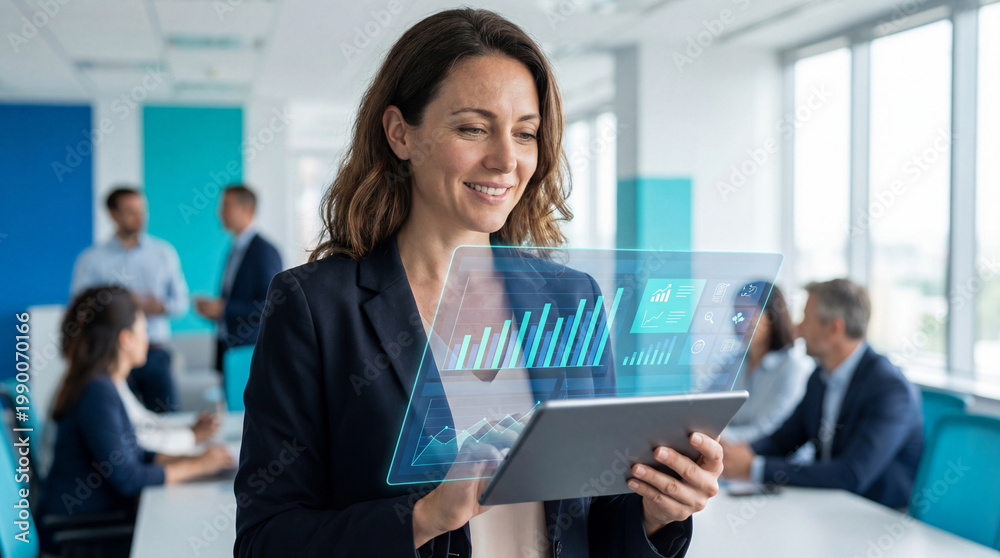 Naklejka premium artificial intelligence AI A businesswoman in a modern office using a tablet with a digital graph overlay