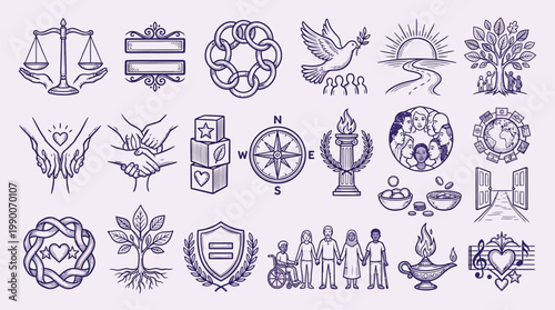 A collection of diverse icons representing social justice, equality, community, and human well-being, presented in a purple line art style on a light purple background.