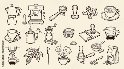 A comprehensive collection of hand-drawn illustrations depicting various coffee-making equipment, ingredients, and finished beverages, presented in a charming, vintage style.