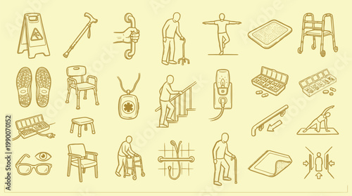 Collection of illustrations depicting various assistive devices and safety aids for elderly individuals and those with mobility challenges.