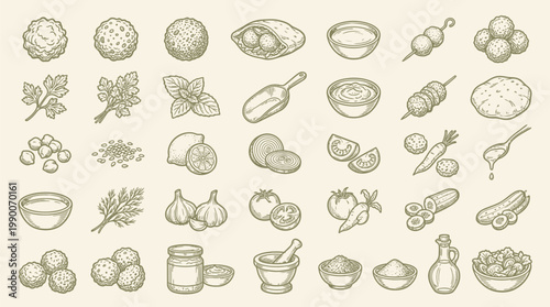 A charming collection of hand-drawn illustrations depicting various food ingredients and dishes, presented in a grid format.