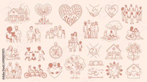 A collection of hand-drawn line art illustrations depicting various aspects of family, community, and home life, rendered in a warm, monochromatic palette.