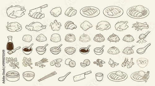 A detailed illustration showcasing a wide variety of ingredients and dishes commonly found in Chinese cuisine, including poultry, rice, sauces, and spices.