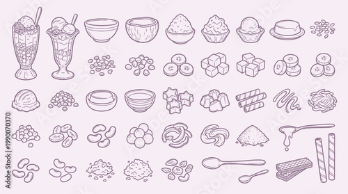 A detailed hand-drawn illustration showcasing a diverse collection of dessert ingredients and components, including various toppings, powders, fruits, and pastries, arranged in rows.