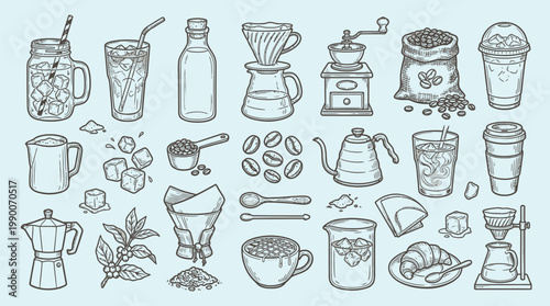 A comprehensive collection of hand-drawn illustrations depicting various coffee-related items and brewing methods, presented in a clean, line-art style on a light blue background.