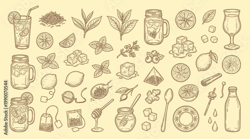 A charming hand-drawn illustration featuring a delightful assortment of tea-related elements, including various teas, fruits, sweeteners, and serving vessels, presented on a warm, textured background.