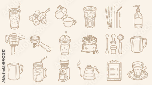 A collection of hand-drawn illustrations depicting various coffee-making tools, ingredients, and beverages, presented in a vintage sketch style.