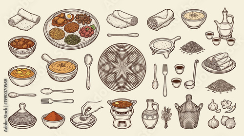 A comprehensive collection of Ethiopian food items, cooking utensils, and serving dishes, presented in a detailed, vintage illustration style.