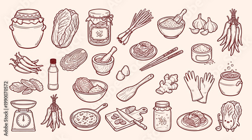 A charming hand-drawn illustration depicting various ingredients and tools for preparing kimchi, a traditional Korean fermented dish.