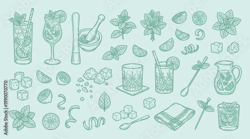 Tableau sur toile A charming collection of hand-drawn illustrations featuring mojito ingredients, cocktail preparation tools, and refreshing drinks, all in a cohesive mint green color palette