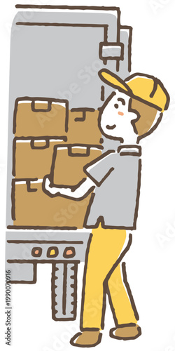 トラックから荷物を降ろす配送スタッフのイラスト。/ Delivery Driver Unloading Truck Illustration.