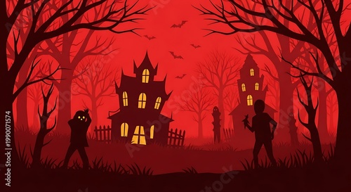 Spooky Halloween Night Silhouette Background with Haunted Houses
