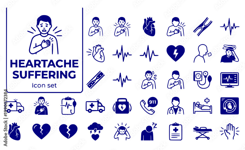 Fototapeta premium Heartache Suffering Icon Set Man Feels Heartache Suffering Cardio Ailments Clutching Chest During Attack Cardiovascular Disease Chest Pain Vector Illustration