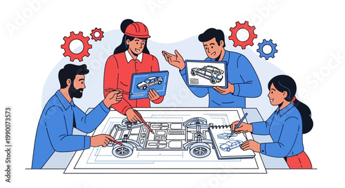 Diverse team working on blueprint.