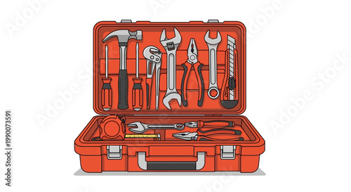 Orange toolbox with assorted tools inside.