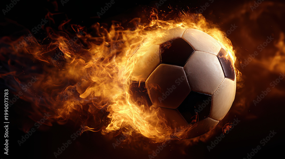Fototapeta premium Blazing Soccer Ball: A dynamic and fiery soccer ball encased in vibrant flames, symbolizing passion, energy, and the heat of competition.