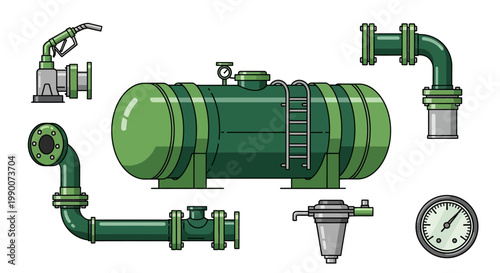 Industrial green pipe system components.