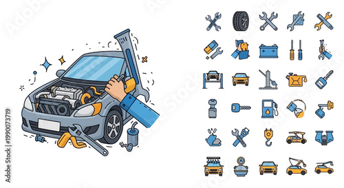 Mechanic repairing car engine with tools.