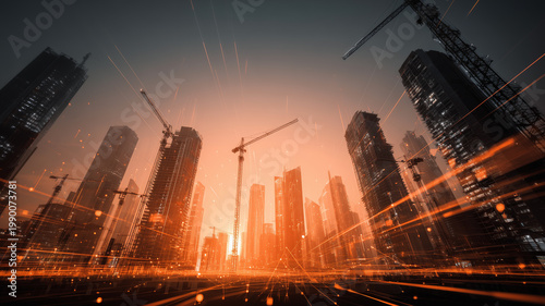 The concept of innovation and development, a futuristic city that is developing with modern architecture.