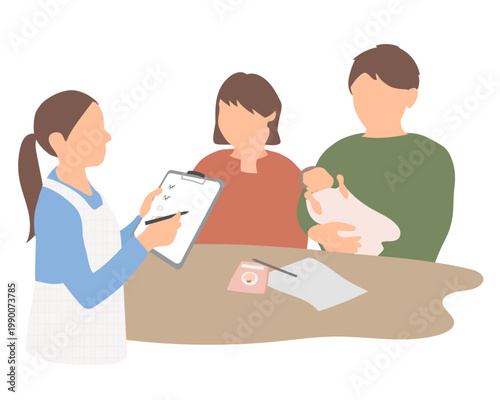 赤ちゃん連れの両親による育児相談シーン