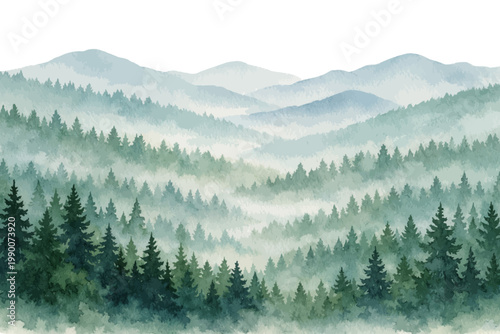 A charming watercolor illustration of a misty forest landscape featuring layered pine trees and distant mountain hills softened by gentle fog in a serene natural style