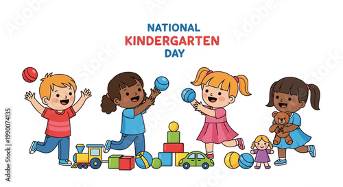 A playful vector illustration celebrates National Kindergarten Day, depicting diverse children joyfully playing with toys and blocks in a brightly colored classroom setting