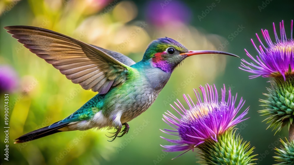Fototapeta premium A photo of a male broadbilled hummingbird feeding on purple thistle flowers in a lush green garden The birds iridescent feathers shimmer under the