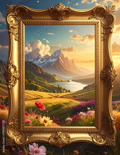 A serene mountain landscape in a golden ornate frame