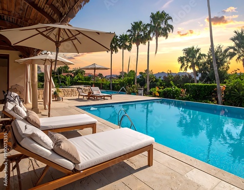 A serene poolside scene at sunset with lounge chairs and palm trees