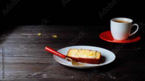 Coffee and Cake on Dark Wooden Table.