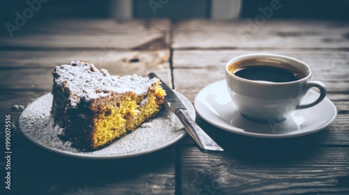 Coffee and Cake on Wooden Table.