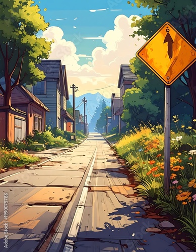 A serene suburban street scene with a yellow road sign