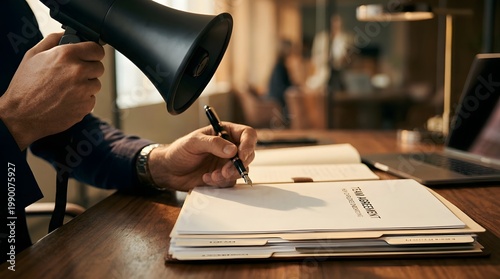 Businessman Holding Megaphone While Signing Team Agreement Documents in Office, Emphasizing Collaboration and Announcing Commitments, with Laptop and Notepad on Wooden Desk