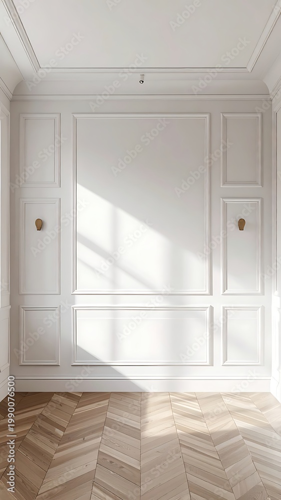 Fototapeta premium A minimalist interior room with white walls and chevron-patterned floor