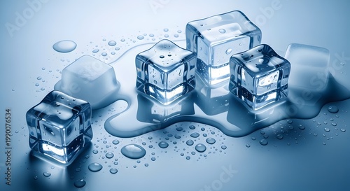 Crystalline Chill: A Still Life Study of Frozen Water with Melted Droplets and Reflections on a Smooth Surface, Illustrating Coldness and Refreshment