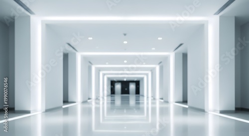 Illuminated interior corridor with receding perspectives, a modern architectural space showcasing linearity and bright ambient lighting, representing pathways and transition.